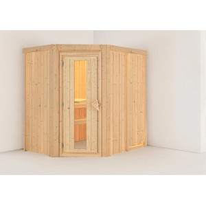 Karibu Sauna Cleo Natur, Elementsauna aus Fichte mit Glastür und zwei Liegen.