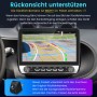 Junsun 10 Zoll Autoradio für Smart Fortwo, zeigt Rückfahrkamera-Bild mit farbigen Parklinien auf dem Display. Mit Bedienknöpfen.