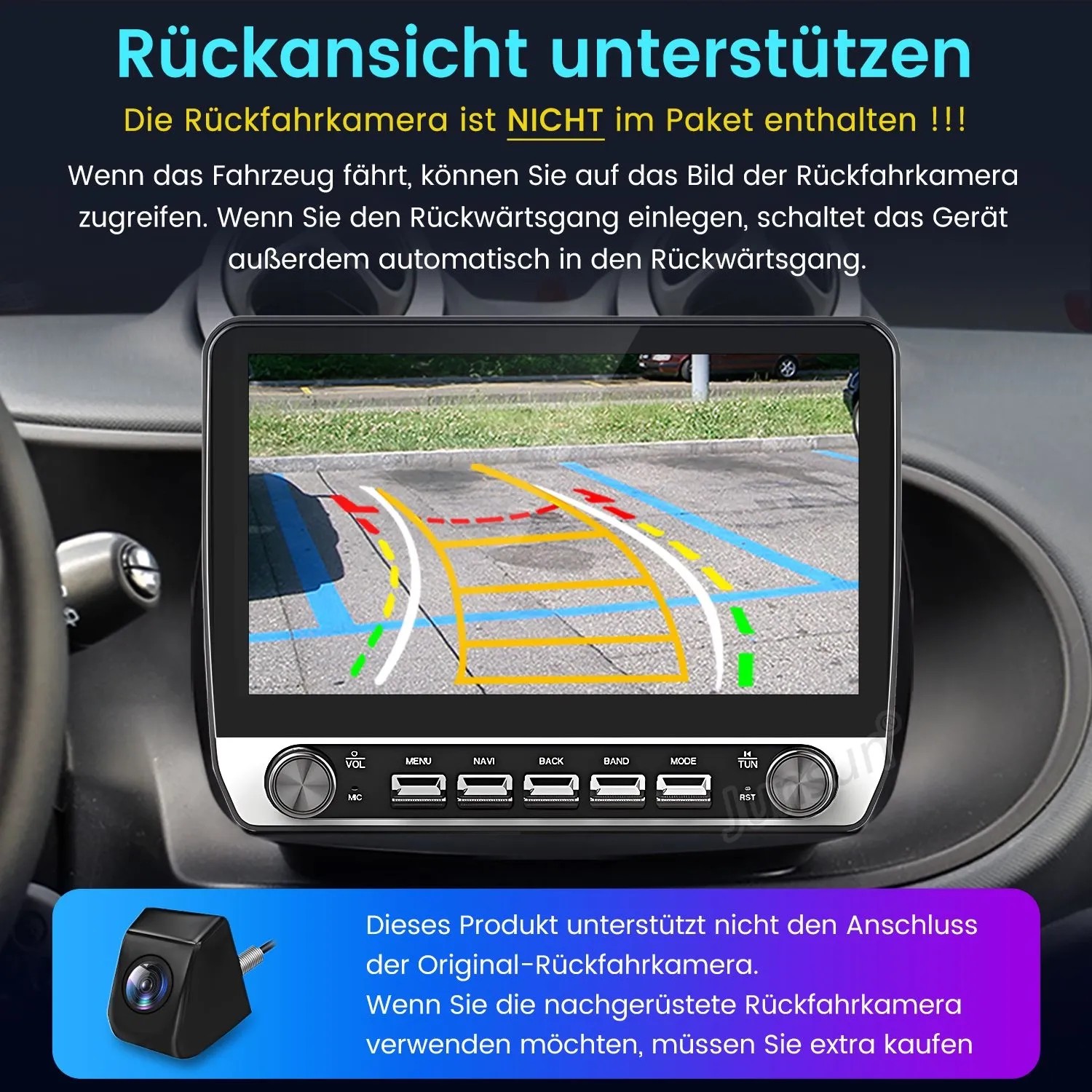 Junsun 10 Zoll Autoradio für Smart Fortwo, zeigt Rückfahrkamera-Bild mit farbigen Parklinien auf dem Display. Mit Bedienknöpfen.
