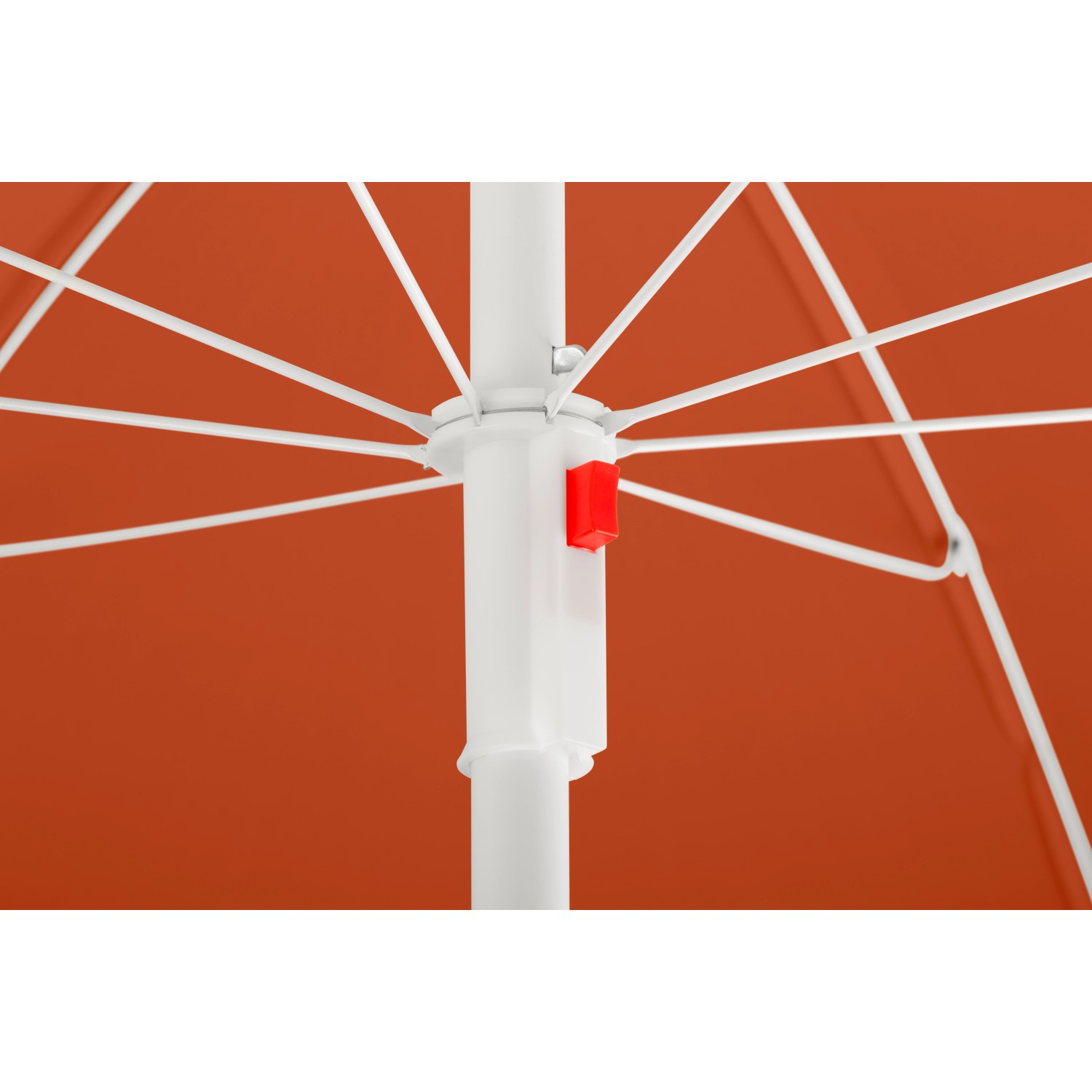 Detailaufnahme: Schneider Balkonschirm Ibiza, Ø 240 cm, Terracotta, mit Knickfunktion.