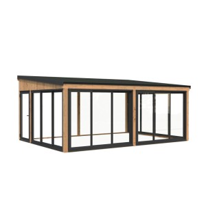 Hellbraunes Palmako Holz-Gartenhaus mit Pultdach, 582x420 cm. Gartenhaus mit Fensterfront.