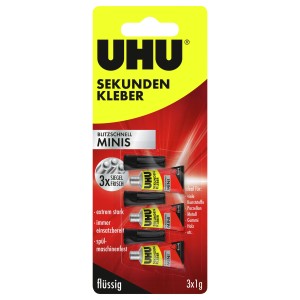 Uhu Sekundenkleber Blitzschnell Minis, 3 Tuben à 1g, flüssig. Starker Kleber für viele Materialien.