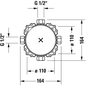 Technische Zeichnung Duravit Bluebox® Grundkörper (G 1/2) mit Maßangaben für Brausesets.