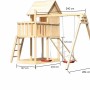 Karibu Stelzenhaus Frieda mit Doppelschaukel und Netzrampe aus naturbelassenem Holz.