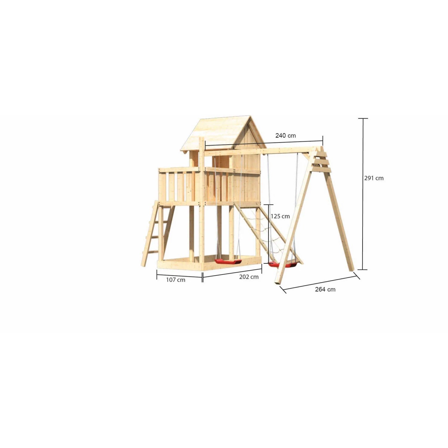 Karibu Stelzenhaus Frieda mit Doppelschaukel und Netzrampe aus naturbelassenem Holz.