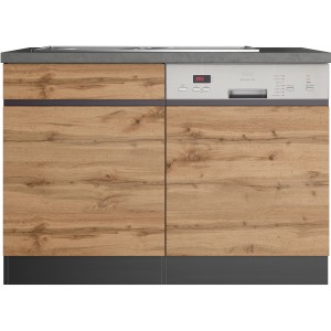 Held Möbel Spülenunterschrank Turin 120 cm, Wotaneiche/Graphit, mit Geschirrspülerblende und Edelstahlspüle.