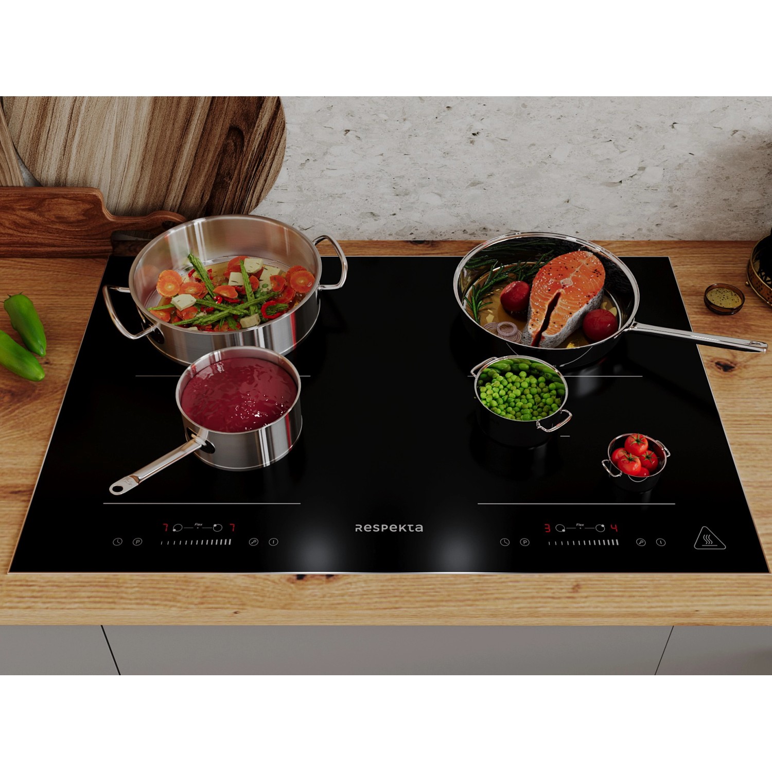 Respekta Herdset Joel + Fynn: Schwarzes Induktionskochfeld mit Töpfen und Pfannen.