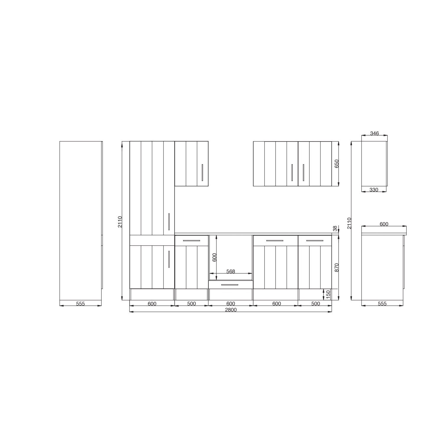 Skizze der Respekta Premium Landhausküche 280 cm in Lärche Weiß Matt mit Maßen.