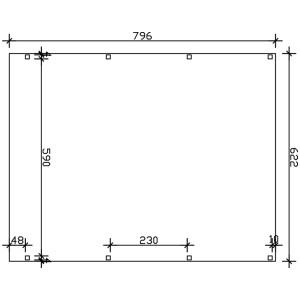 Maße des Skan Holz Carport Grunewald Doppelcarports mit Aluminiumdach in Eiche Hell, technische Zeichnung.