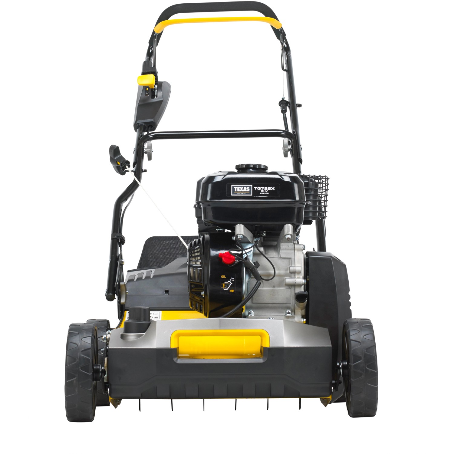 Texas Benzin-Vertikutierer Pro Cut 400TG, Frontansicht. Gelb-schwarzer Vertikutierer mit Rädern und Griff.