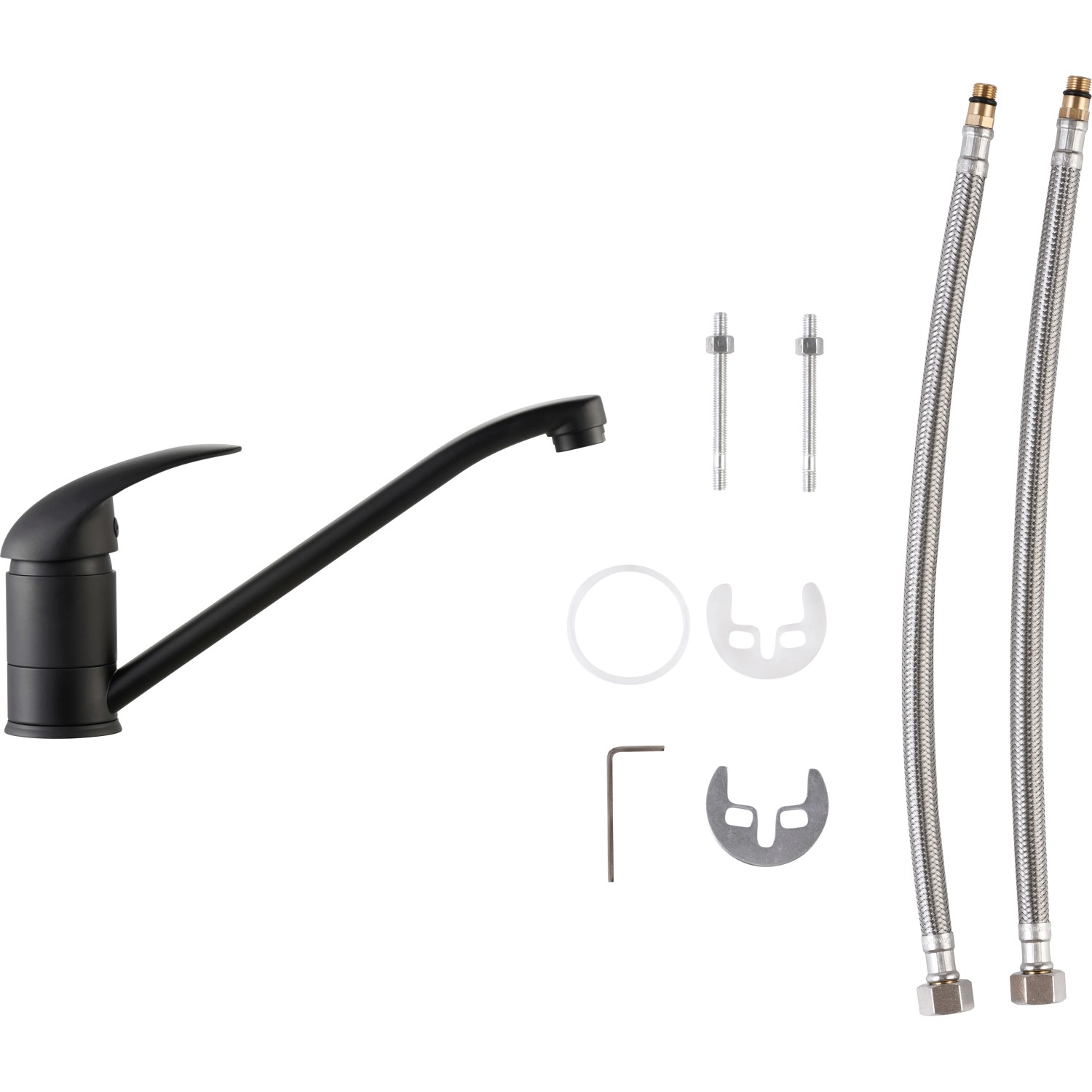 baliv Küchenarmatur KI-1520, Schwarz Matt, mit Zubehör wie Schläuche und Befestigungsmaterial.