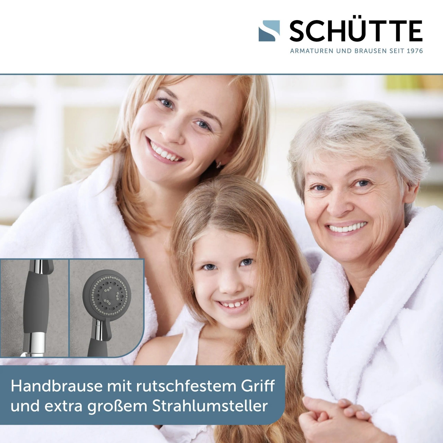 Schütte Handbrause Vital Chrom mit drei Generationen einer Familie im Hintergrund.