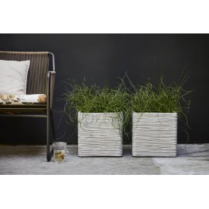 Zwei elfenbeinfarbene Capi Pflanzkübel Nature Rib Quadrat mit Riffelstruktur, bepflanzt mit Gräsern.
