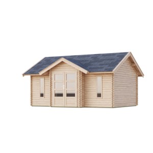 Unbehandeltes Karibu Holz-Gartenhaus mit Satteldach, Doppeltür und Fenstern.