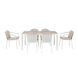 Bizzotto Lounge-Gartenmöbel Set: Tisch mit Holzoptik, 6 Stühle mit Kissen in Vapor.