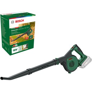Bosch Akku-Laubbläser UniversalLeafBlow 18V solo mit abnehmbarem Blasrohr und Produktverpackung.