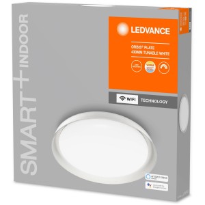 Verpackung der Ledvance Smart+ WiFi Deckenleuchte Orbis Plate, dimmbar, Tunable White, Ø 43 cm.