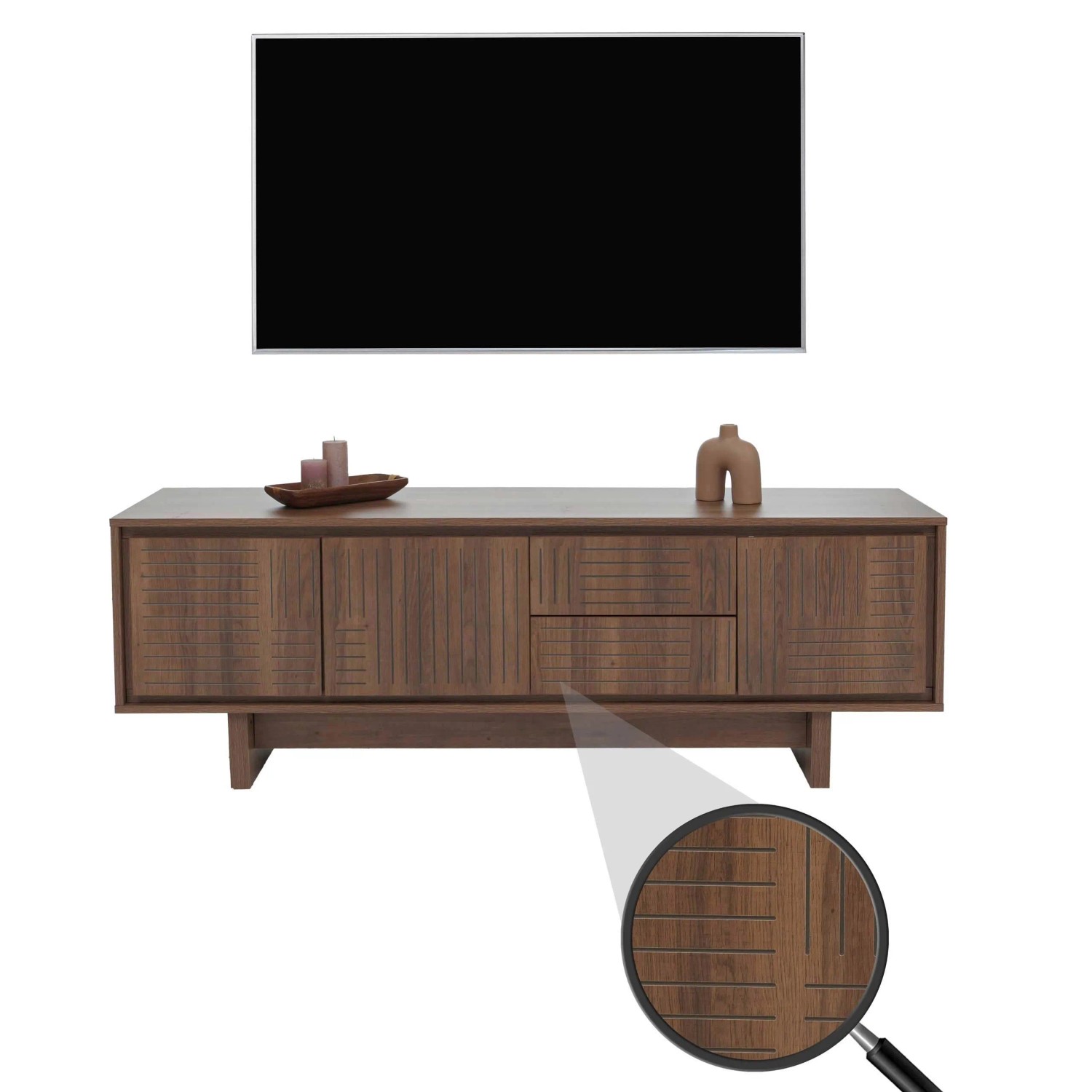 Braunes MCW TV-Rack O34, 150cm breit, mit strukturierten Melamin-Fronten, Schubladen und Türen. Viel Stauraum für TV-Geräte.