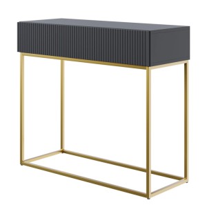 Selsey Veldio Konsolentisch 90 cm, schwarz, mit Lamellenfront, Schublade und goldenen Beinen.