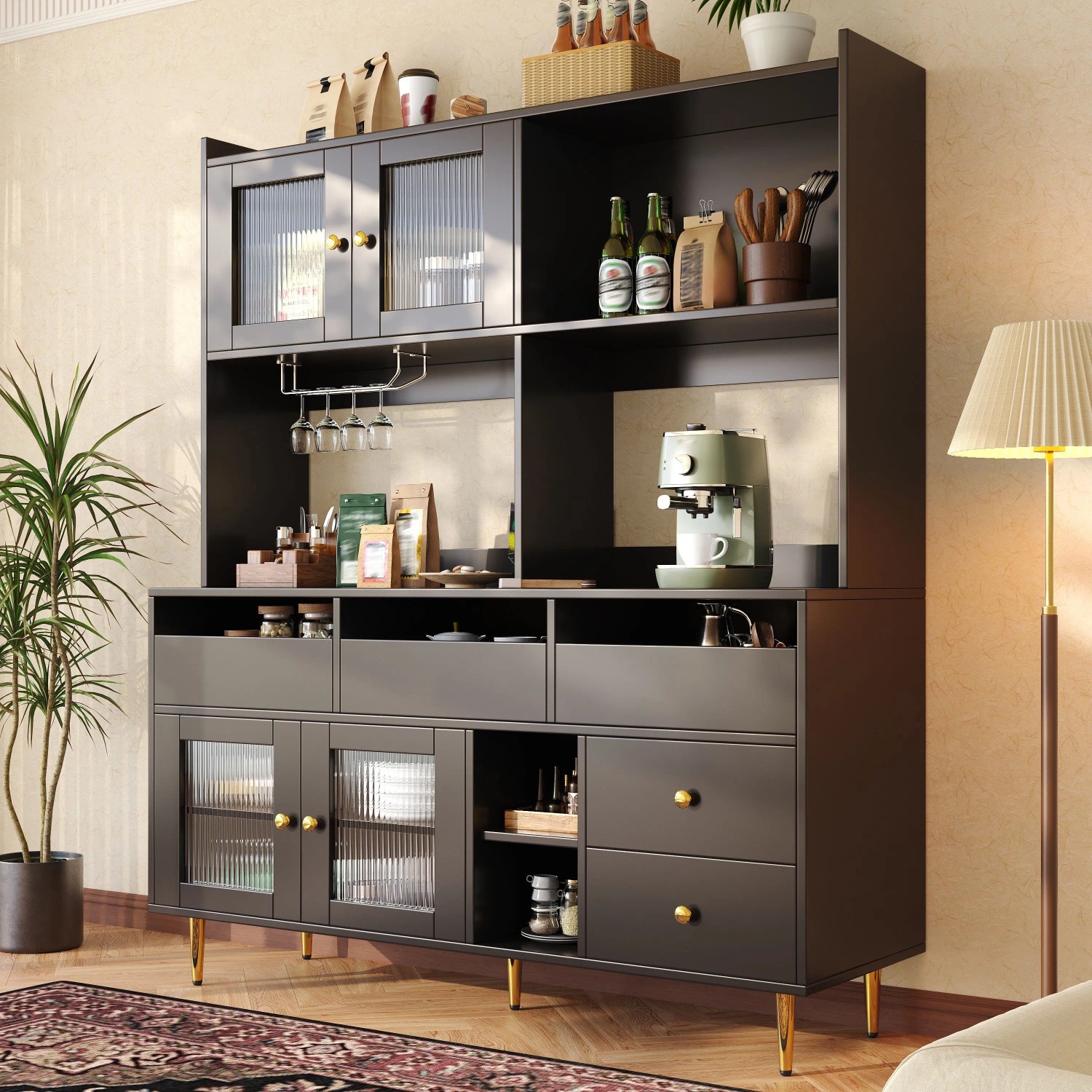 okwish Hochschrank mit Glastür Weinglasregal Restaurant 145x39x171cm Schwarz_2