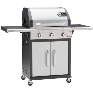 Landmann Gasgrill Triton PTS 3.0, silberner Grillwagen mit 3 Brennern und Stauraum.