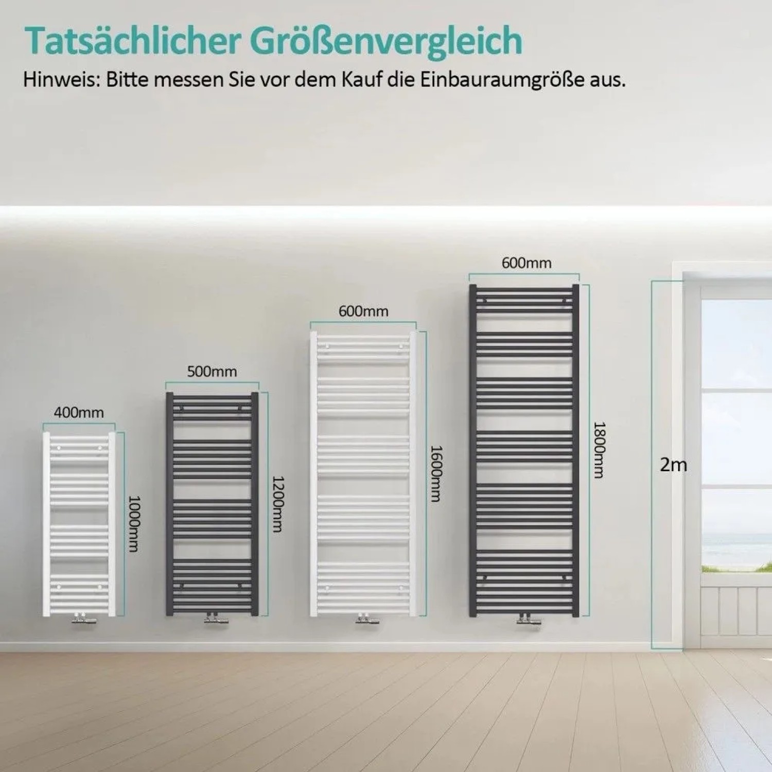 Emke Badheizkörper Größenvergleich: Weiße und anthrazitfarbene Handtuchwärmer in verschiedenen Höhen und Breiten an der Wand.