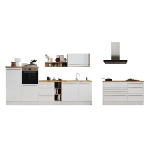 Respekta Inselküche Gabriel 320 cm in Weiß Hochglanz mit Elektrogeräten und Kochinsel.