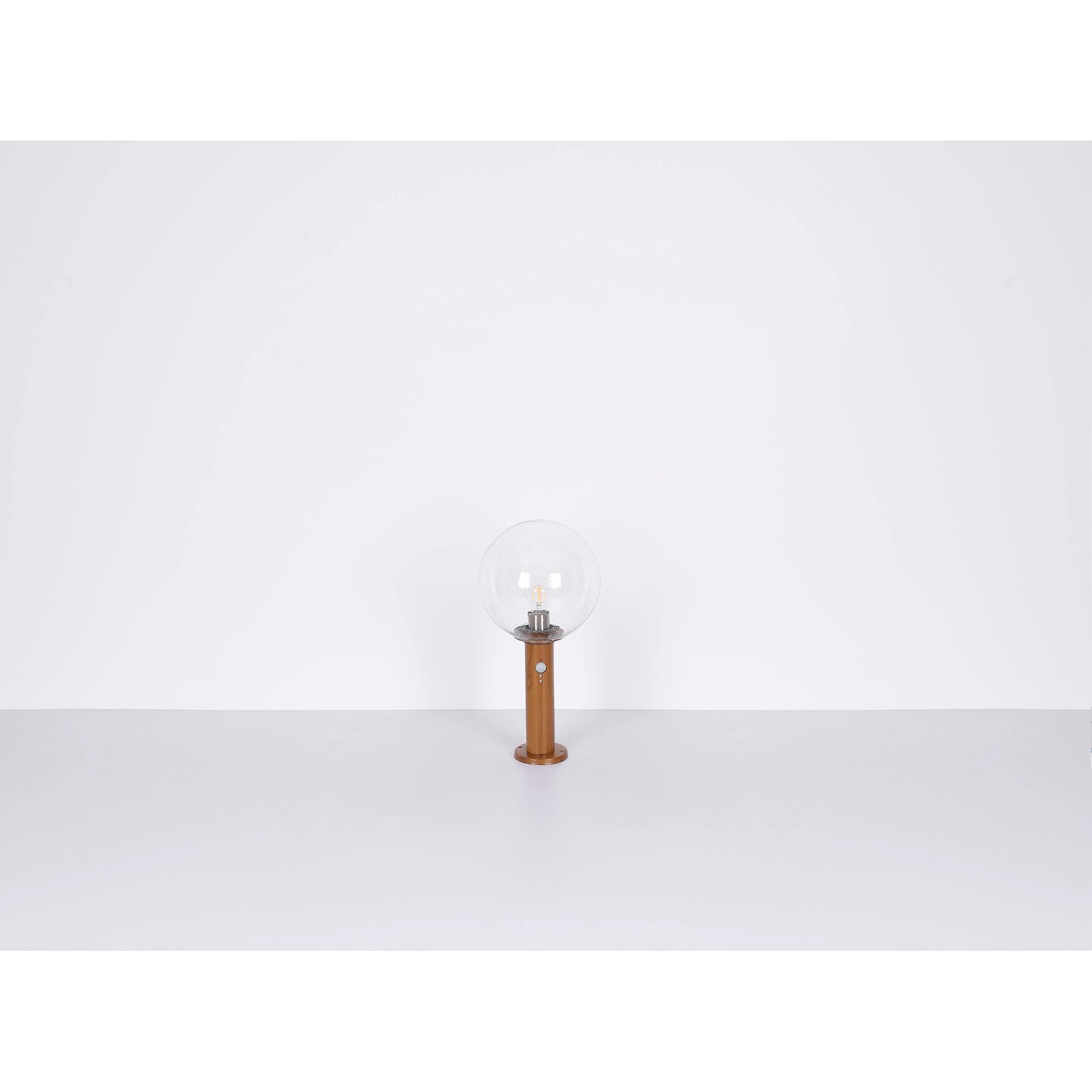 Globo Außenleuchte Ossy mit Bewegungsmelder, Holzoptik, 100cm hoch. Wegeleuchte mit klarem Glas.