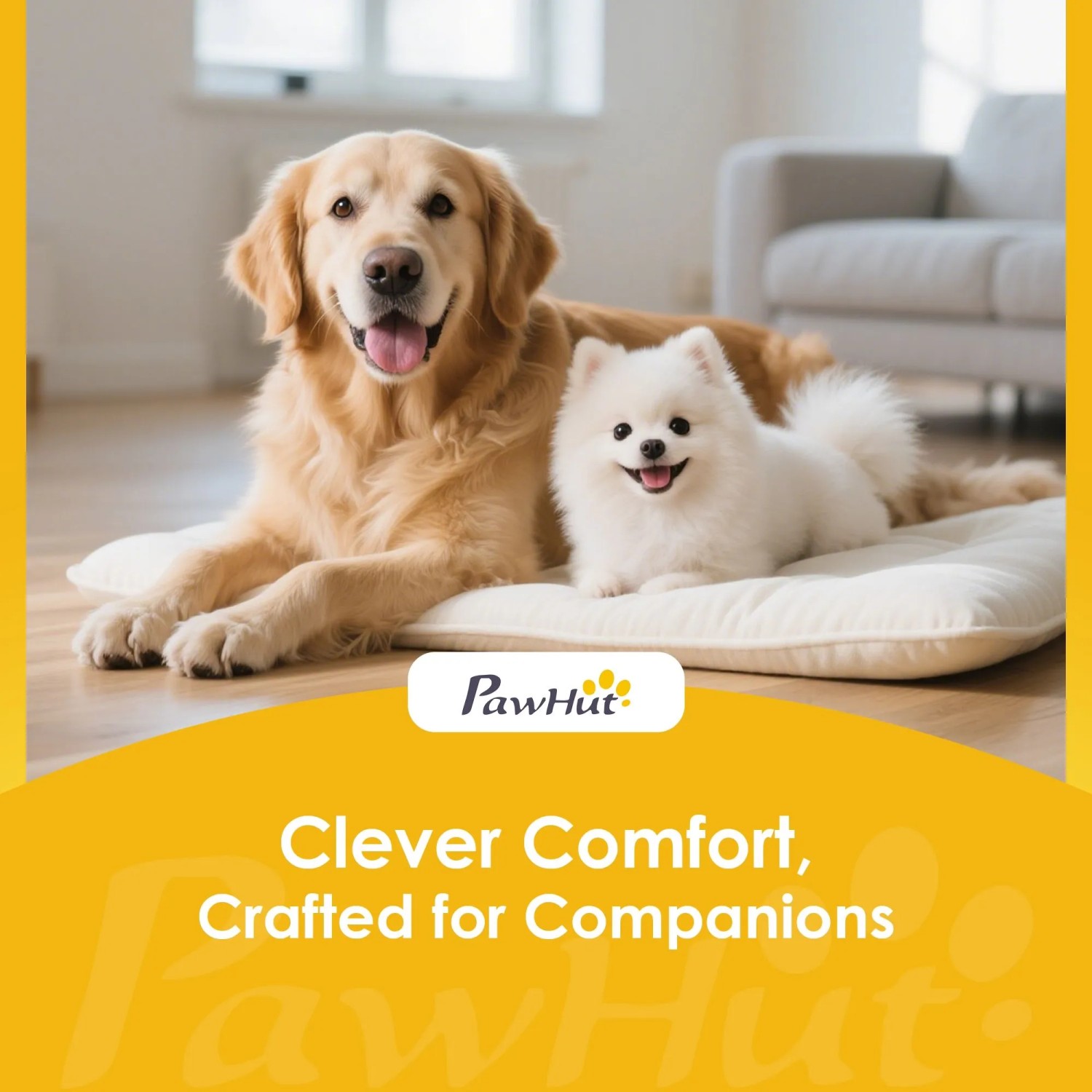 Zwei glückliche Hunde, ein Golden Retriever und ein Pomeranian, liegen entspannt auf weichen Kissen. PawHut Haustierkomfort.