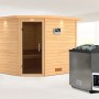 Karibu Sauna Leona mit LED-Dachkranz, Bio-Ofen und externer Steuerung Easy Natur.