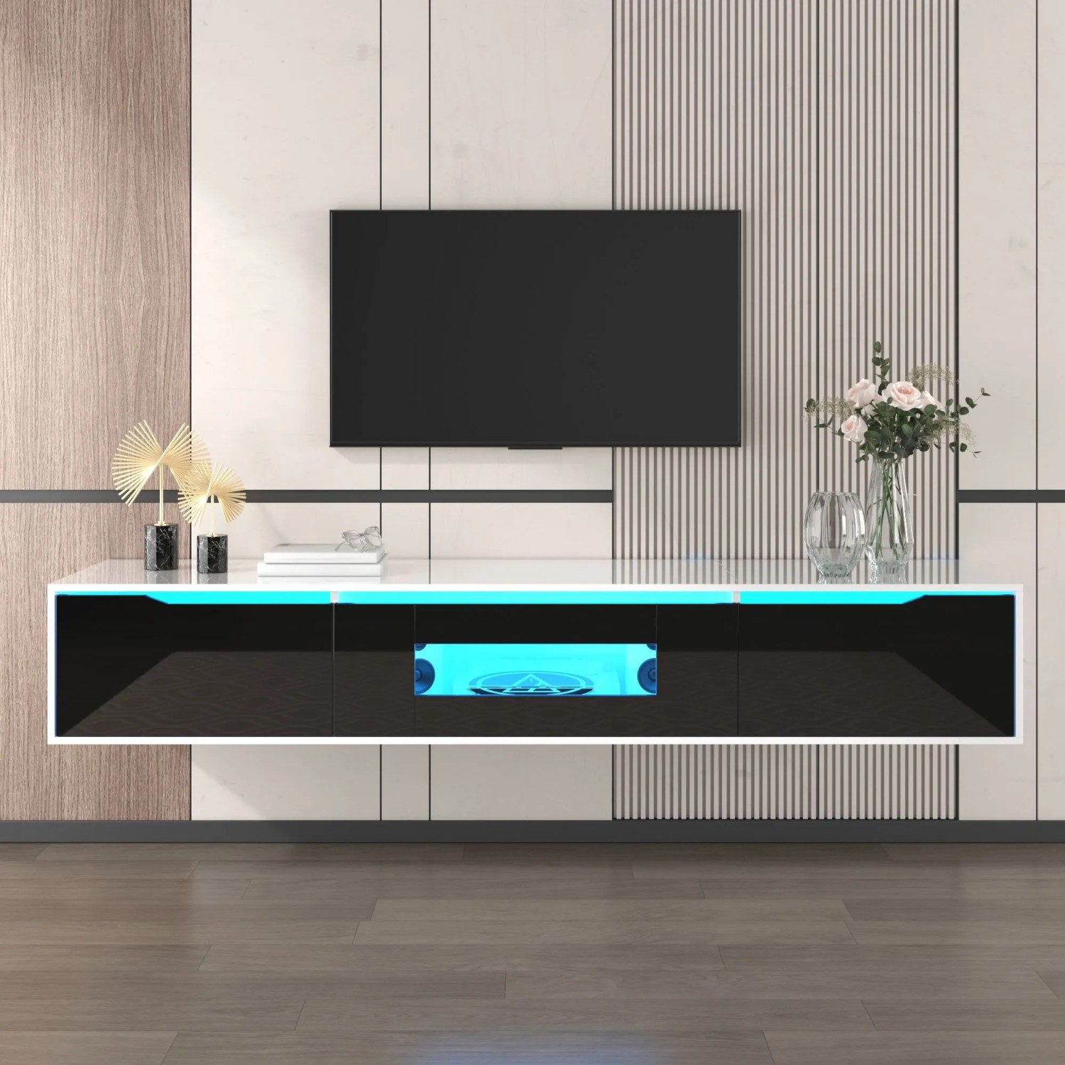 okwish TV Schrank mit LED Licht Holzoptik Glasböden 180x35x30cm Schwarz_8