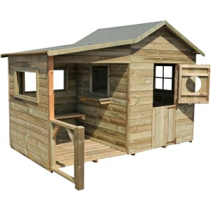 Soulet Kinderspielhaus Hacienda mit Anbau, Sitzbank, Tür und Fenster. KDI Grün.