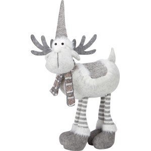 Grau-weißes Stoff-Rentier, vierbeinig, mit Mütze und Schal, Weihnachtsdekoration.