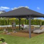 Skan Holz Pavillon Cannes 4, eiche schiefergrau lasiert, 489x489 cm. Gartenlaube mit Holzterrasse und Sitzgruppe.
