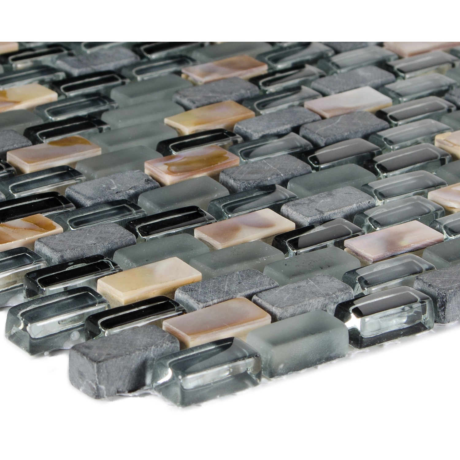 Mosaikfliese Glas & Stein Mix, 28,5x28,5 cm, schwarz, beige, grau.