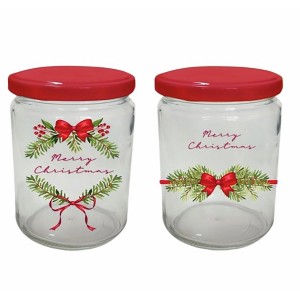 Zwei runde Boltze Vorratsgläser Noelle mit rotem Deckel und weihnachtlichem Dekor.