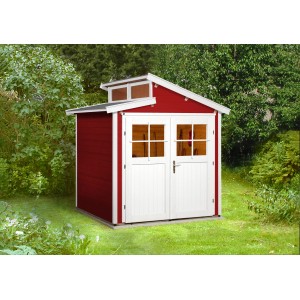 Weka Holz-Gartenhaus 226 in Schwedenrot mit Doppeltür und Oberlichtern im Garten.