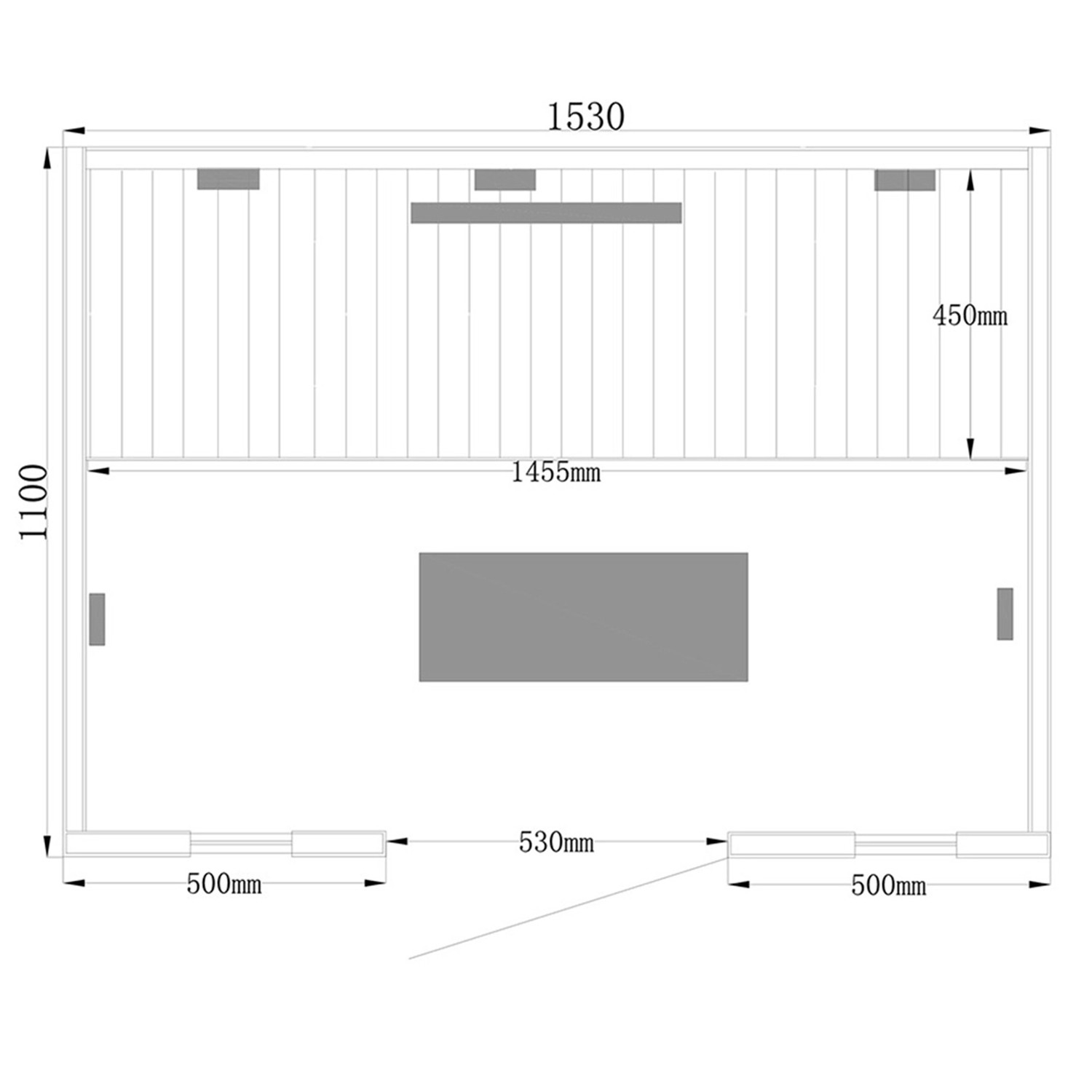 Skizze der Redsun Deluxe Infrarotkabine L aus Tannenholz mit Maßangaben.