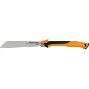 Fiskars Klapp-Zugsäge mit orange-schwarzem Griff, 25 cm Sägeblatt für Gartenarbeiten.