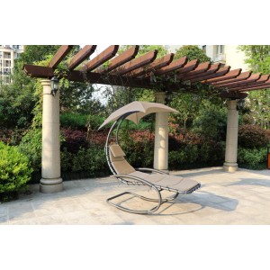 Graue Schaukelliege Keros mit Sonnendach, Stahlgestell, ergonomische Liegefläche für Garten oder Terrasse.