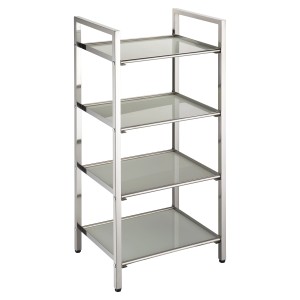 Badregal Mayotte mit 4 Ablagen aus Glas und Edelstahl, 92 cm hoch.