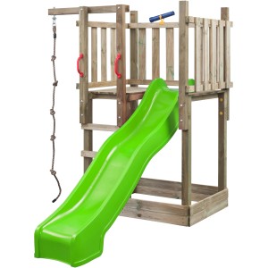 SwingKing Spielgerät Mario mit apfelgrüner Rutsche, Kletterseil und Teleskop. Spielturm aus Holz.