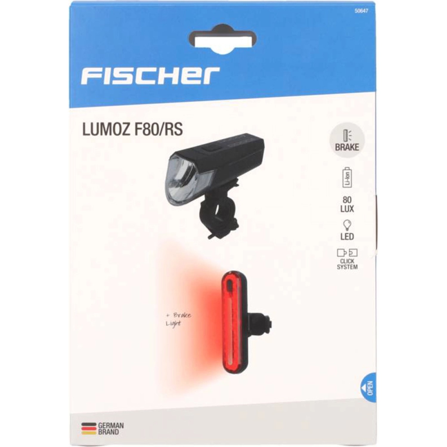 Fischer LED-Akku-Beleuchtungsset Stop, 80 Lux, mit Front- und Rückleuchte in Verpackung.
