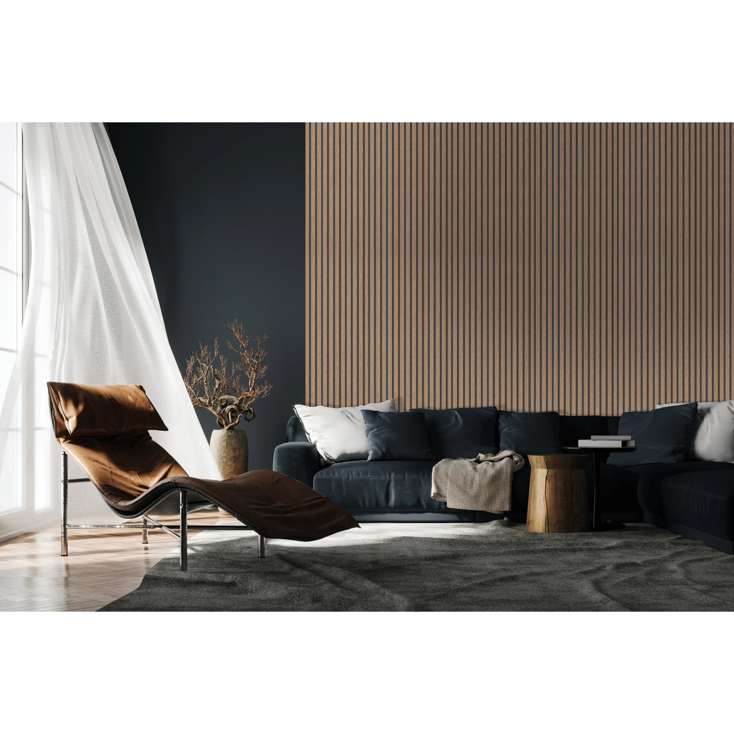 FN Acustico Wandverkleidung Eiche, 5er-Set, montiert als Akustikpaneel im Wohnraum.