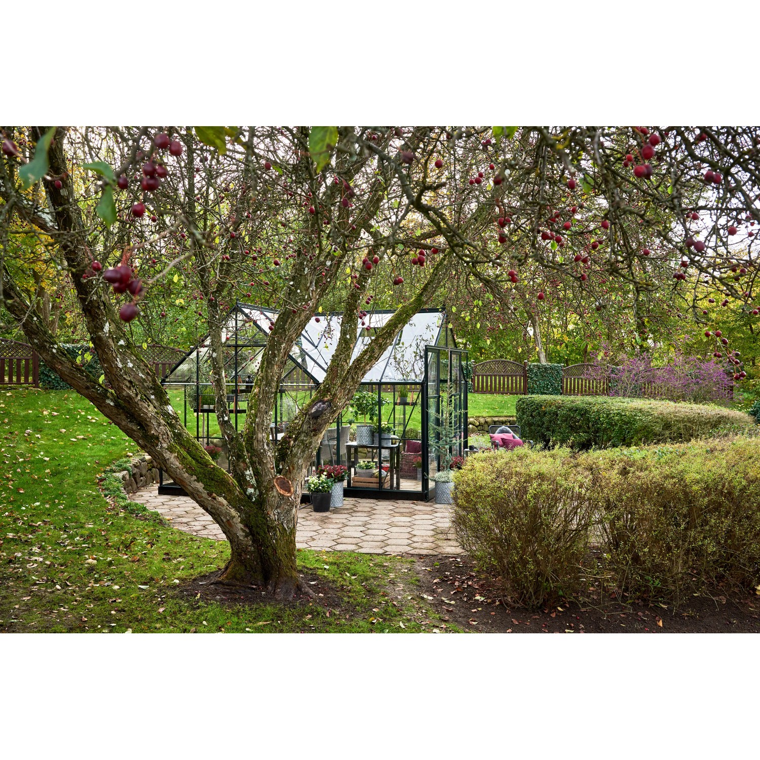 Halls Gewächshaus Garden Room, 12,9 m², grüne Aluminiumstruktur mit Glas, im Garten.