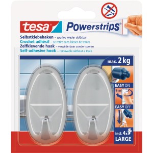 Tesa Selbstklebehaken Chrom glänzend oval 2 Stück mit 4 x Powerstrips Large