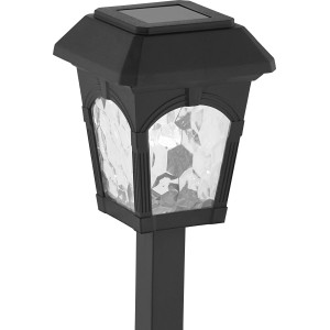 Schwarzer LED-Solarspieß im Vintage-Design für den Garten. Dekorative Solarleuchte mit Strukturglas.
