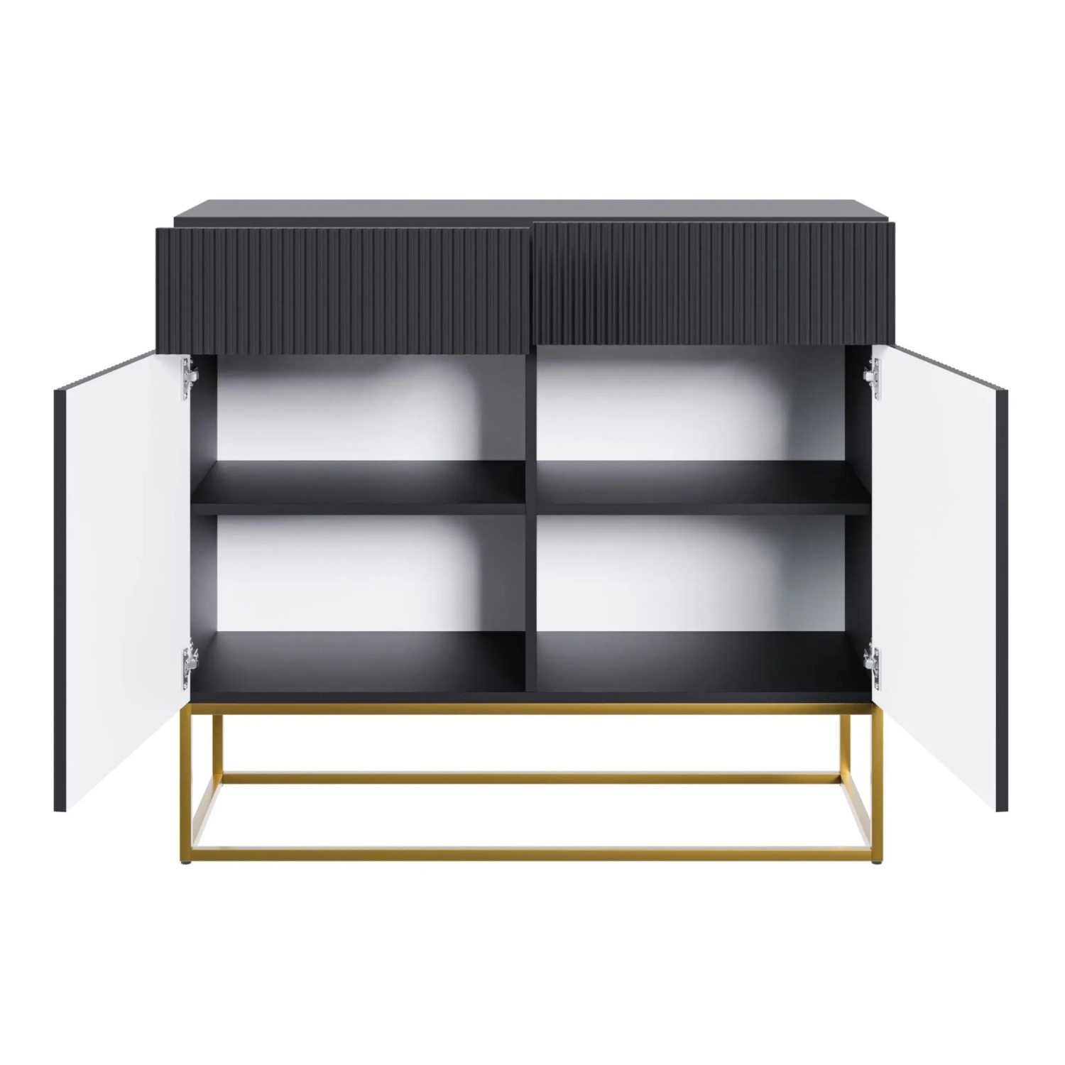 Selsey Sideboard Veldio, schwarz, 100 cm, mit geriffelter Front, 2 Schubladen, offenen Türen und goldenen Beinen.