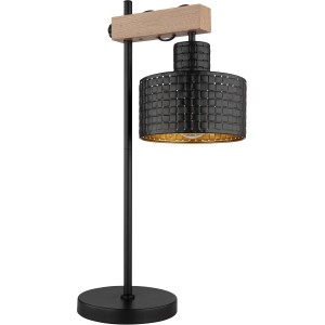 Schwarze Globo Tischlampe Rielly mit Holzdetail, moderne Design-Tischleuchte.