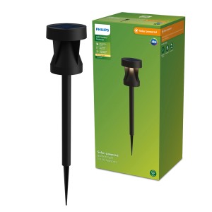 Schwarze Philips Avery Solar Sockelspieß Leuchte mit Sensor und Produktverpackung.